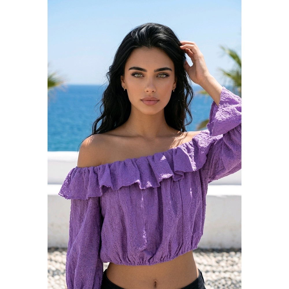 Bucketlist Off Shoulder Top Womens L Purple Ruffle Eyelet Knit Romantic Boho